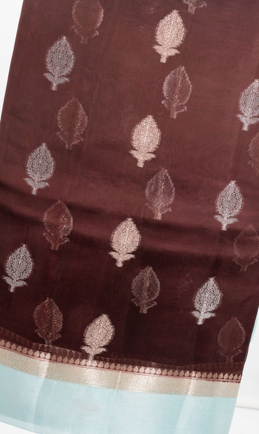 Banaras Kashmiri Silk maroon woven leaf motif detail
