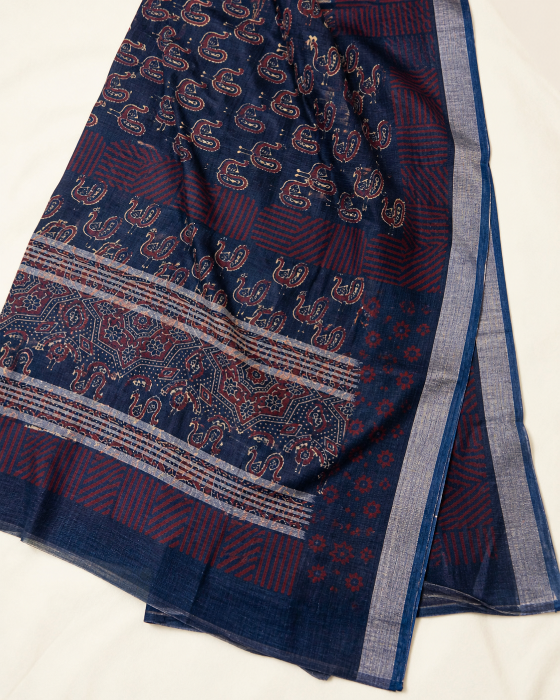 Blue Banarasi Linen Cotton Saree — pallu view