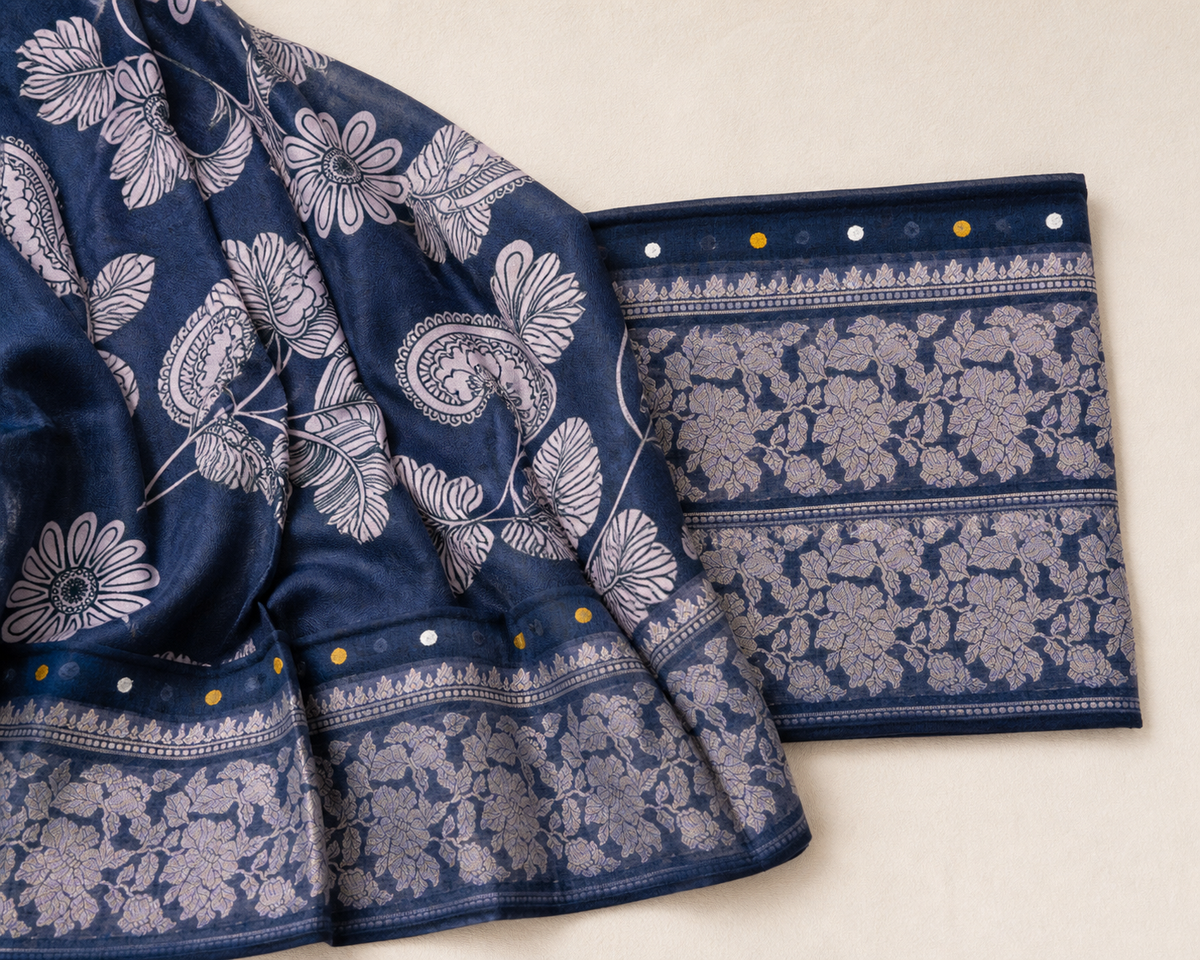 Dark Blue Banarasi Linen Saree — pallu view