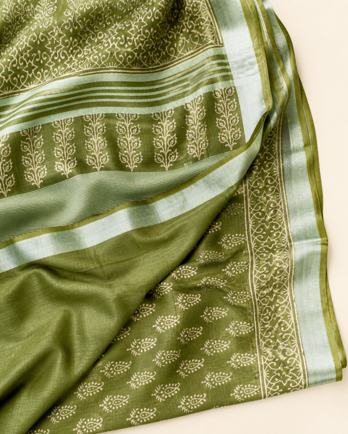Green Banarasi Linen Cotton Saree — pallu view