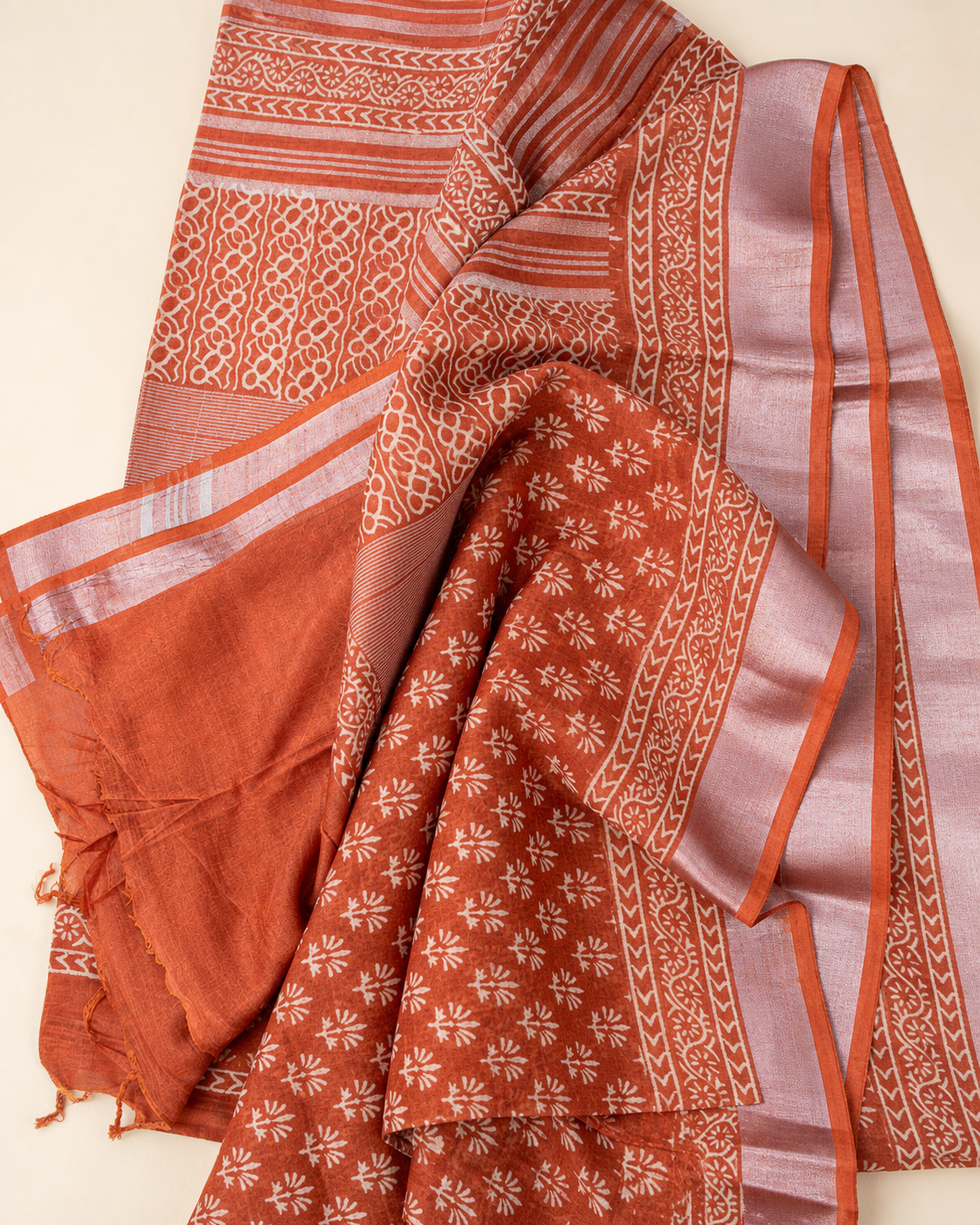 Rust Orange Banarasi Linen Cotton Saree — pallu view