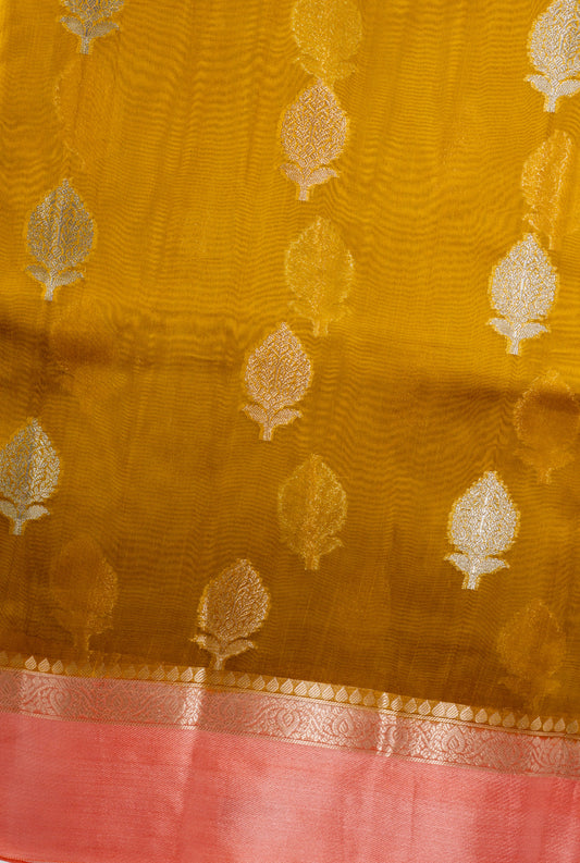 Banaras Kashmiri Silk mustard yellow woven leaf motif detail