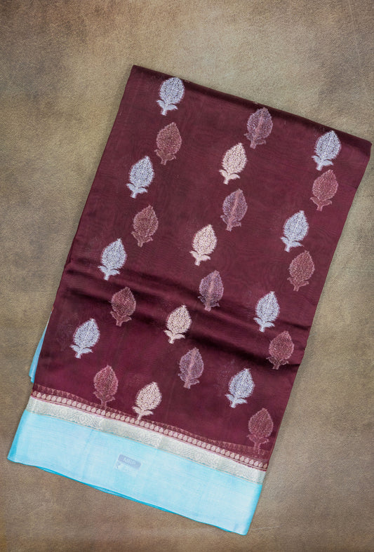 Banaras Kashmiri Silk maroon and aqua saree full view
