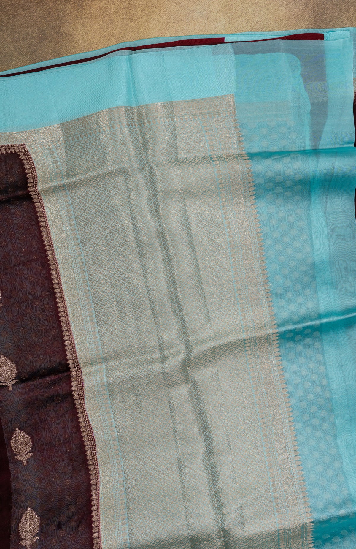 Banaras Kashmiri Silk maroon and aqua saree pallu detail