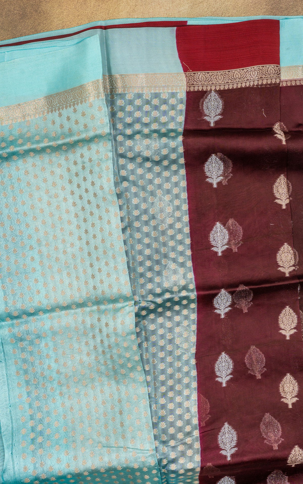 Banaras Kashmiri Silk maroon body and aqua pallu detail