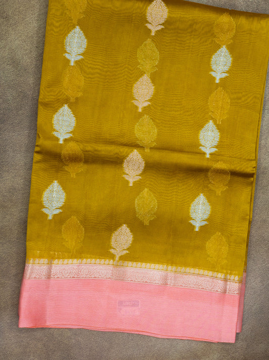 Banaras Kashmiri Silk mustard yellow and pink saree full view