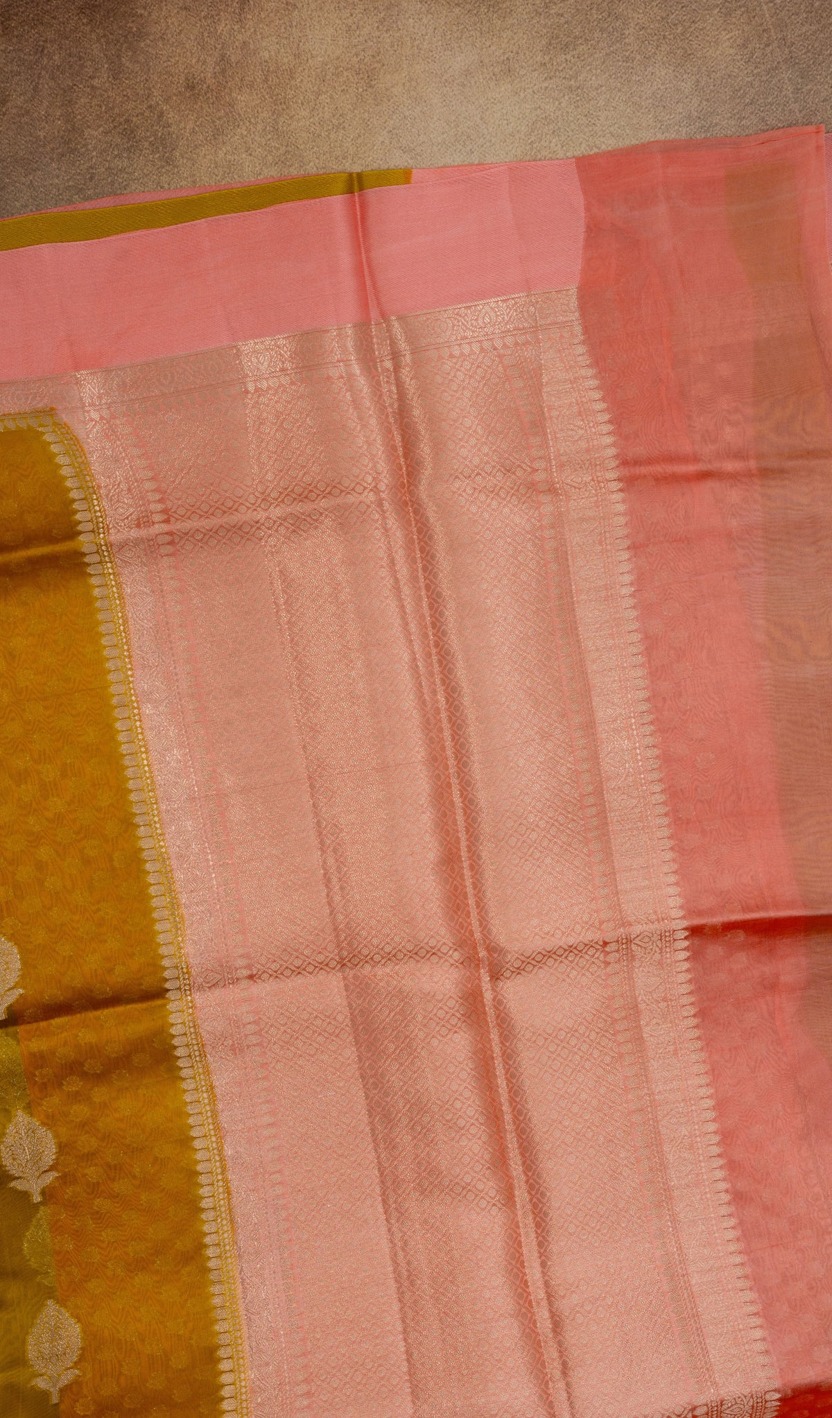 Banaras Kashmiri Silk mustard yellow and pink saree pallu detail