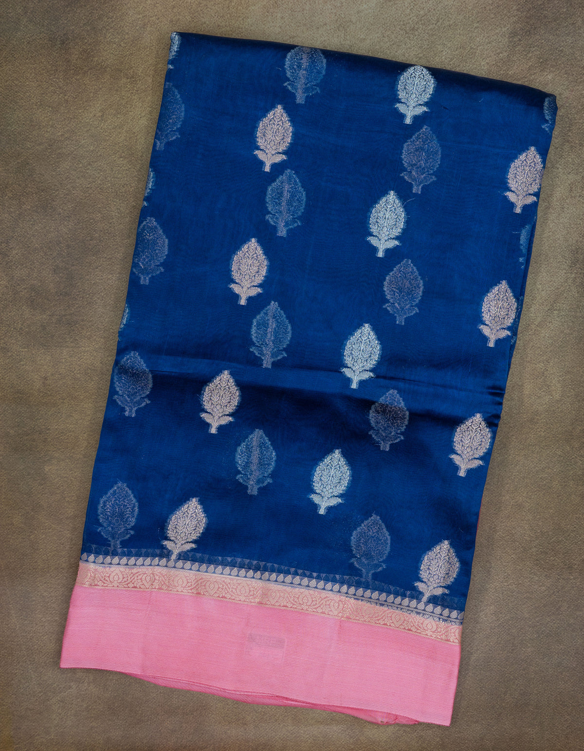Banaras Kashmiri Silk saree in navy blue and pink, full view