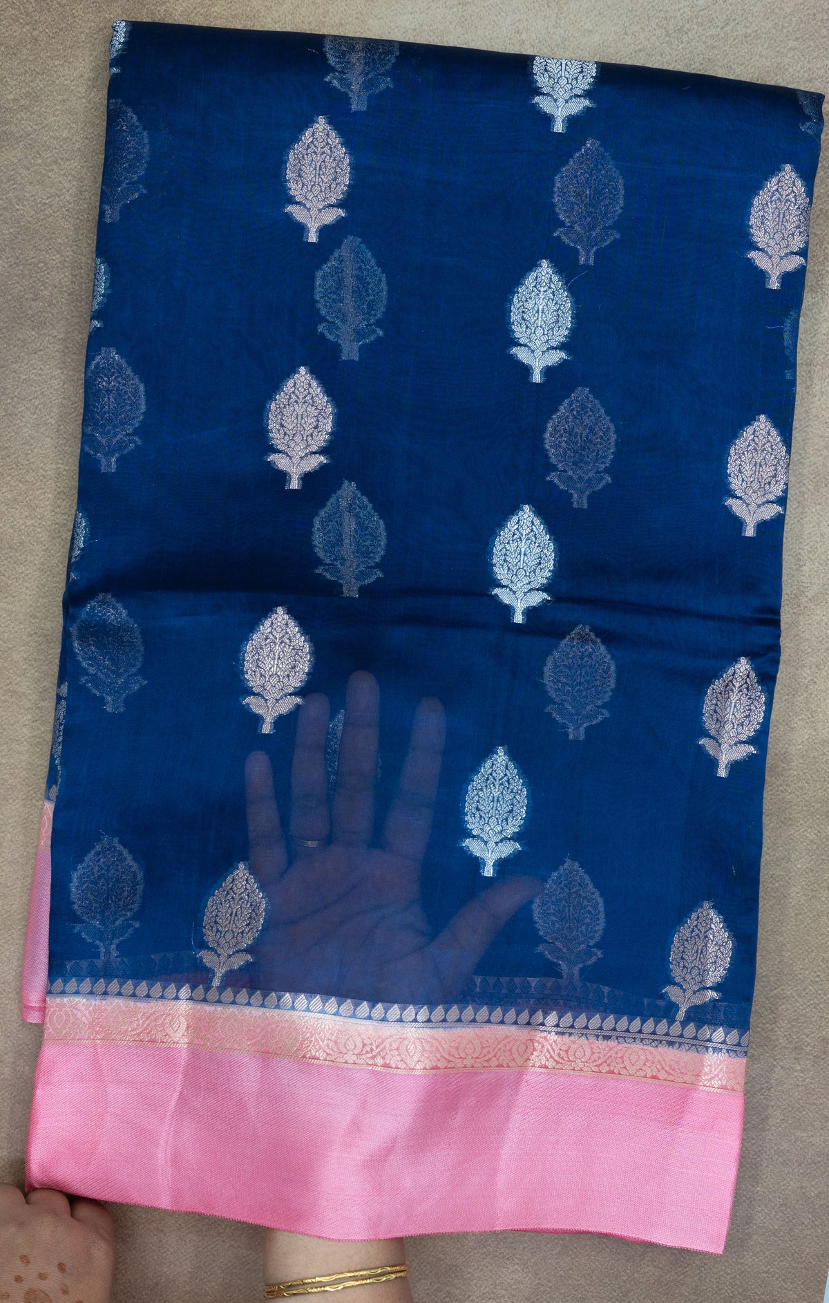 Banaras Kashmiri Silk saree navy blue body with pink border