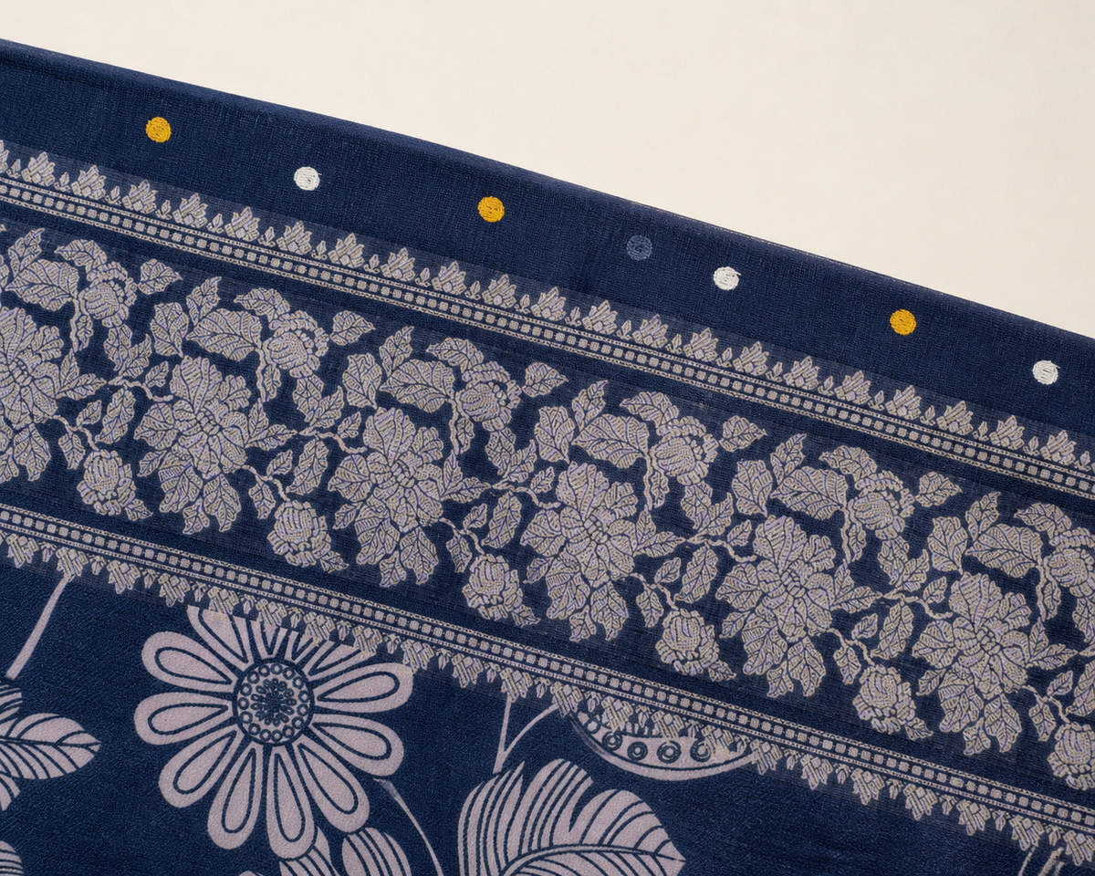 Dark Blue Banarasi Linen Saree — border view
