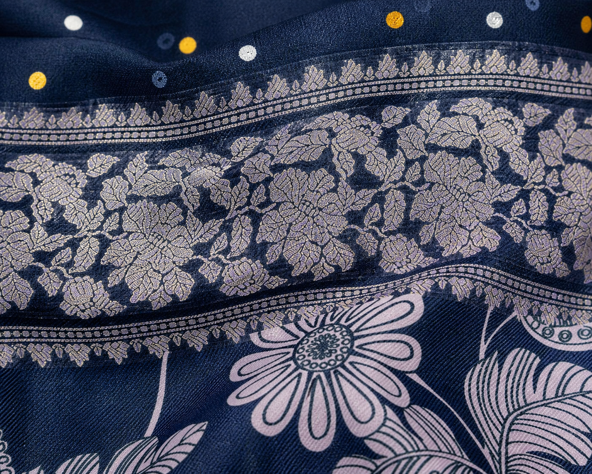 Dark Blue Banarasi Linen Saree — fabric view