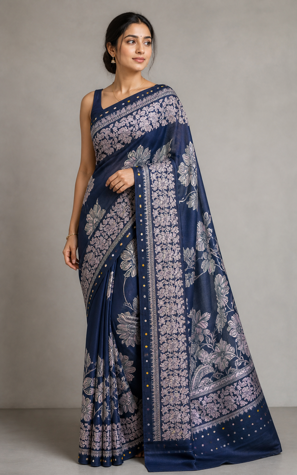 Dark Blue Banarasi Linen Saree — model view