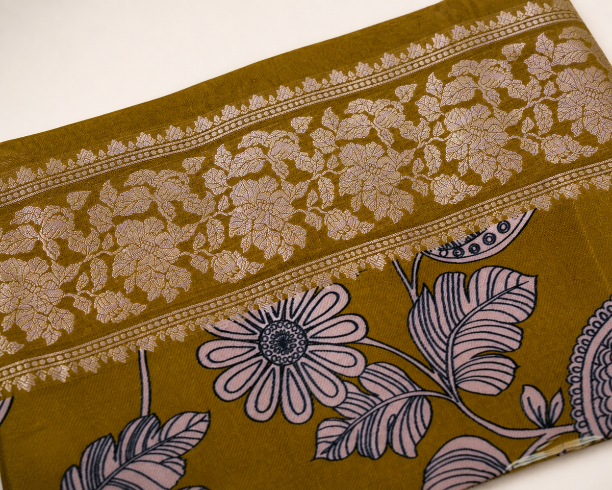 Mehendi Green Banarasi Linen Saree — border view