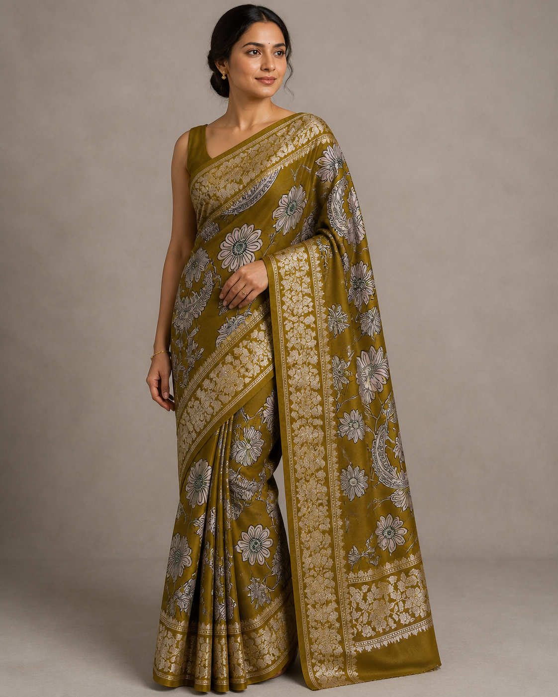 Mehendi Green Banarasi Linen Saree — model view