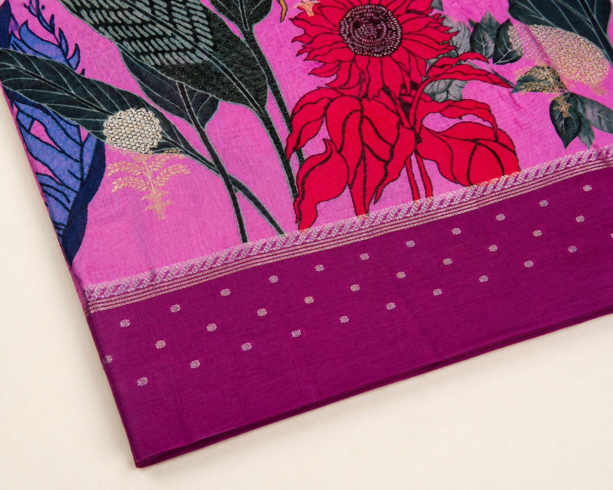 Pink Banarasi Linen Saree — border view