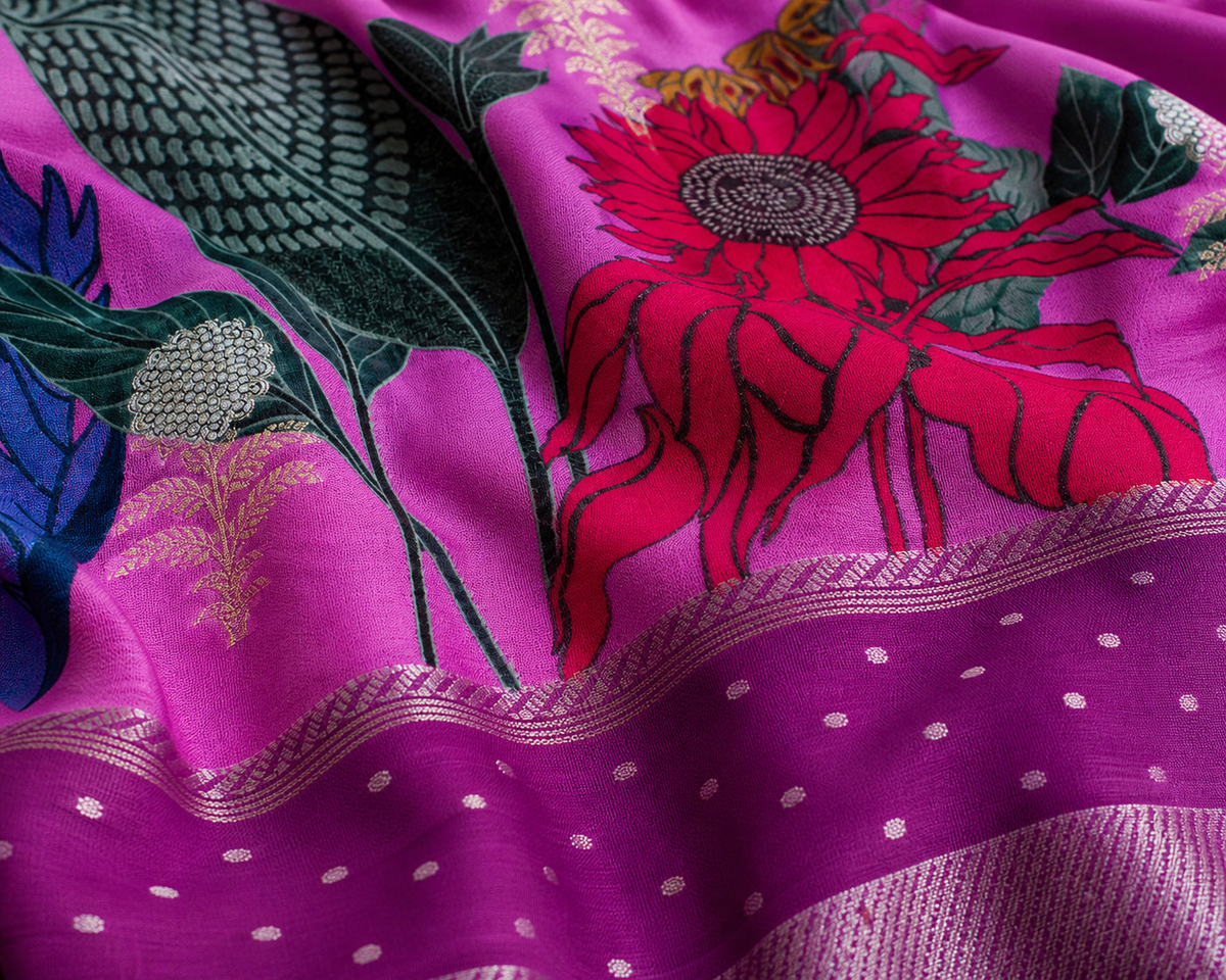 Pink Banarasi Linen Saree — fabric view