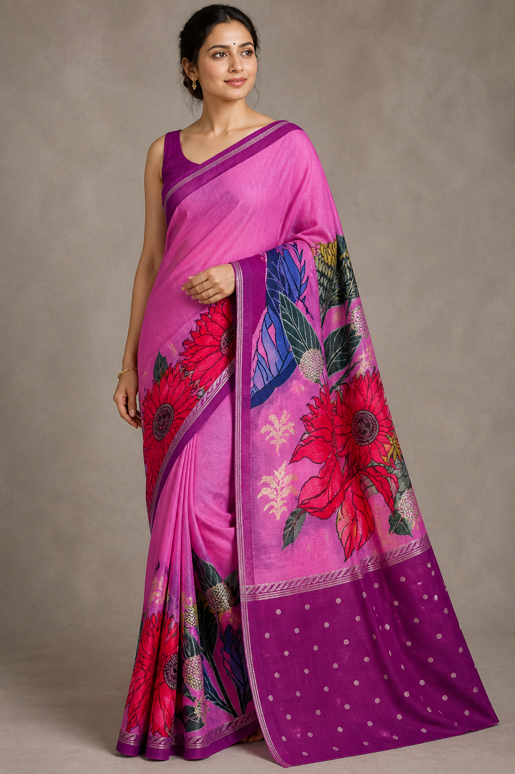 Pink Banarasi Linen Saree — model view
