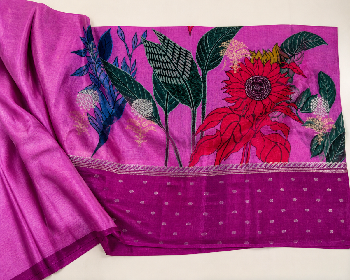 Pink Banarasi Linen Saree — pallu view