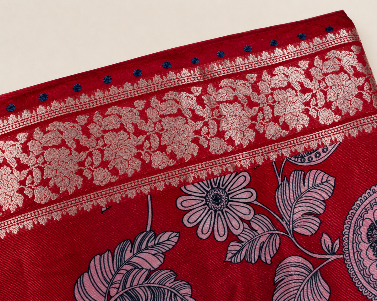Red Banarasi Linen Saree — border view
