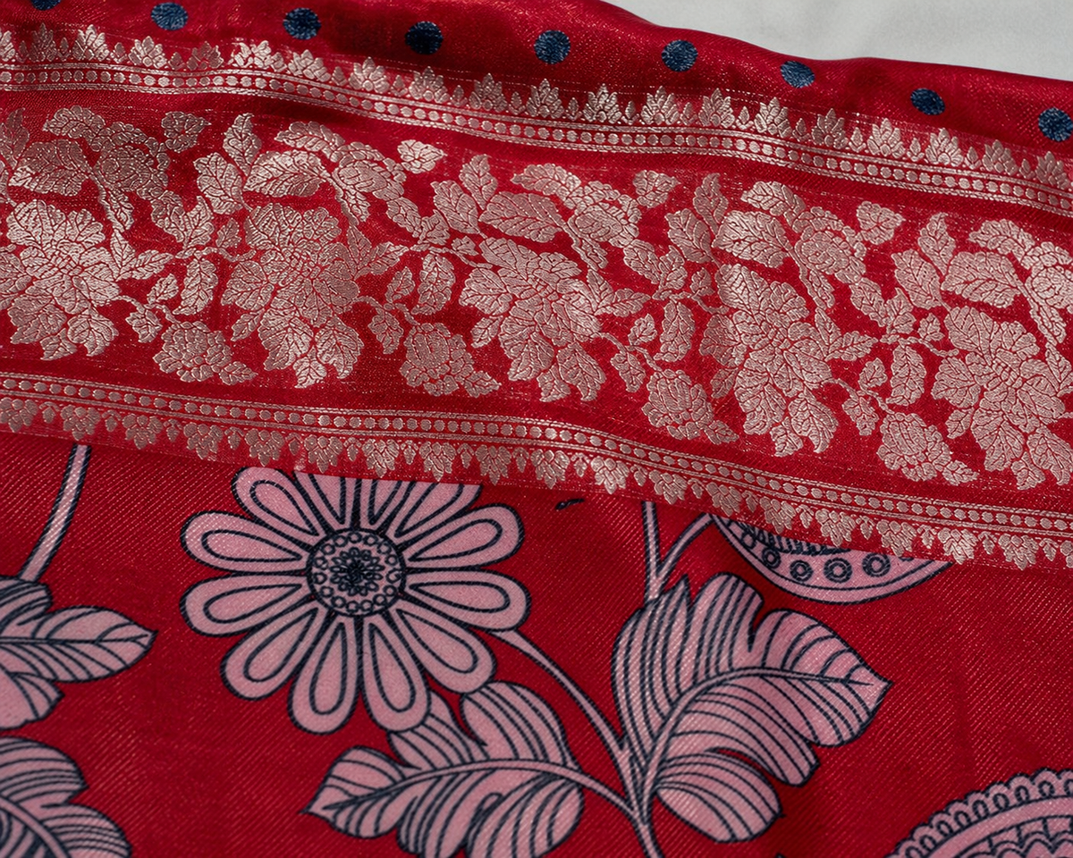 Red Banarasi Linen Saree — fabric view