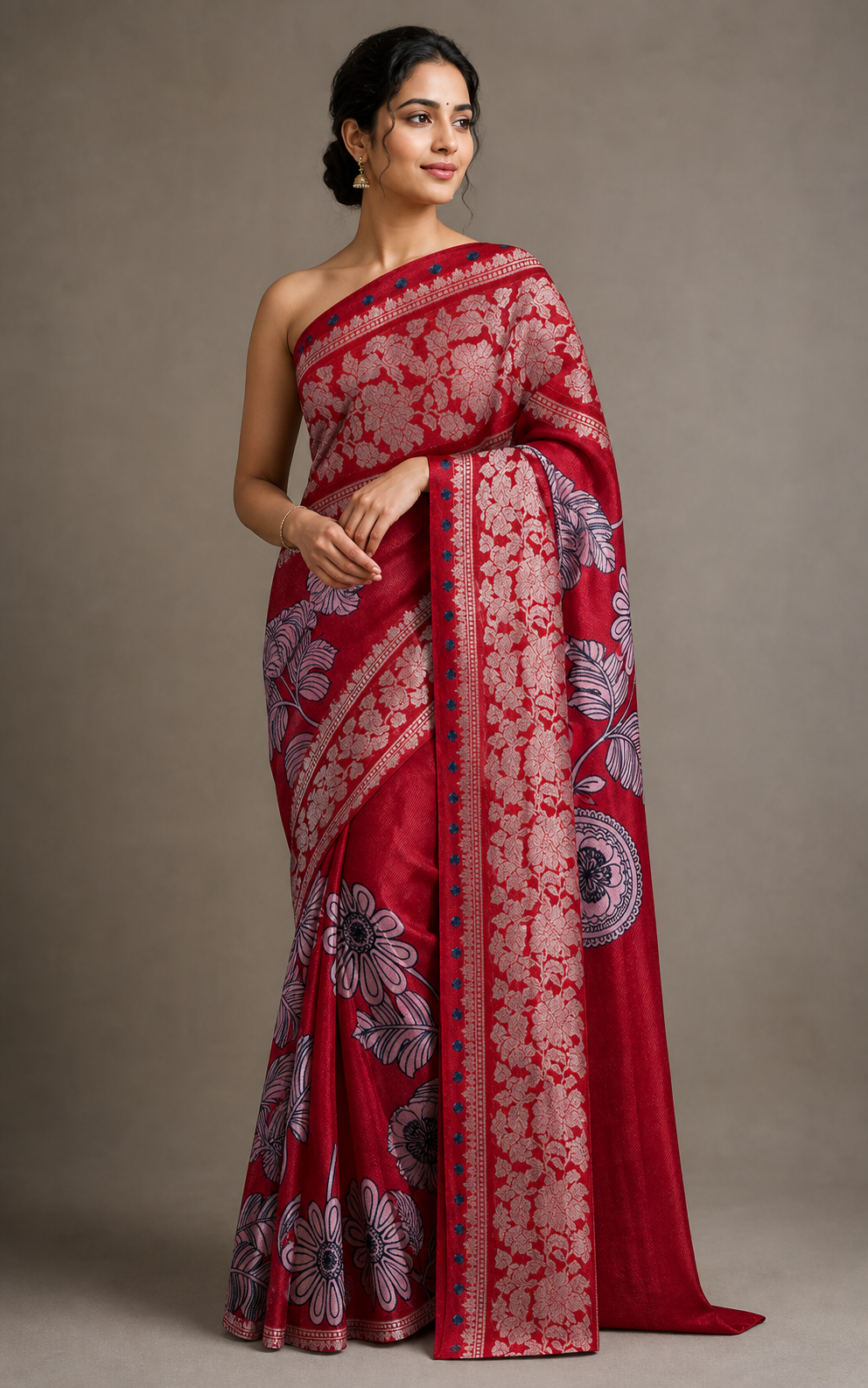 Red Banarasi Linen Saree — model view