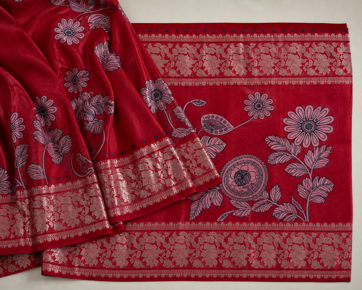 Red Banarasi Linen Saree — pallu view